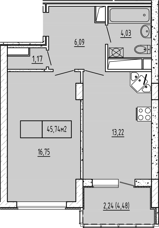 1-комн., 41.26 м²