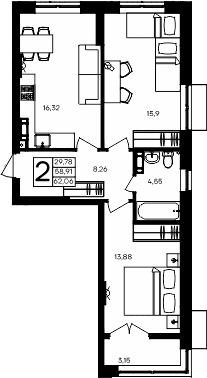 2-комн., 58.91 м²
