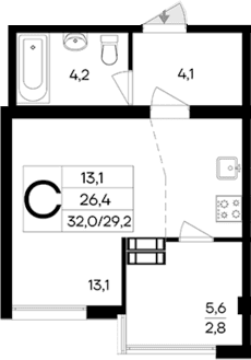 Студия, 26.4 м²