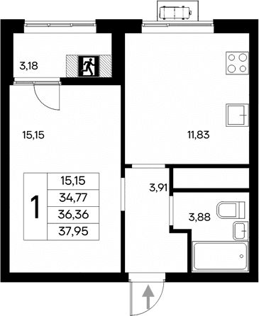 1-комн., 34.77 м²