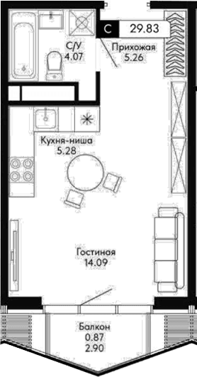 Студия, 28.7 м²