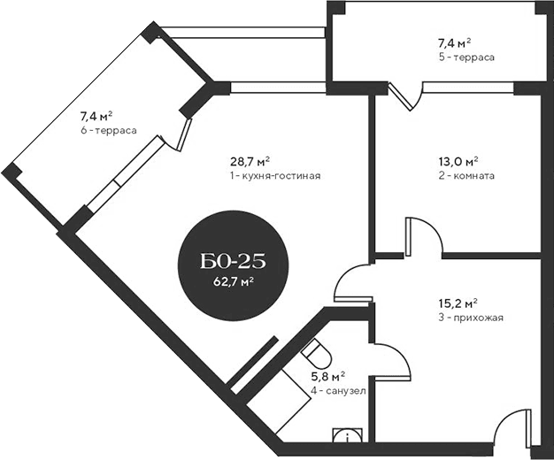 2-комн., 62.7 м²