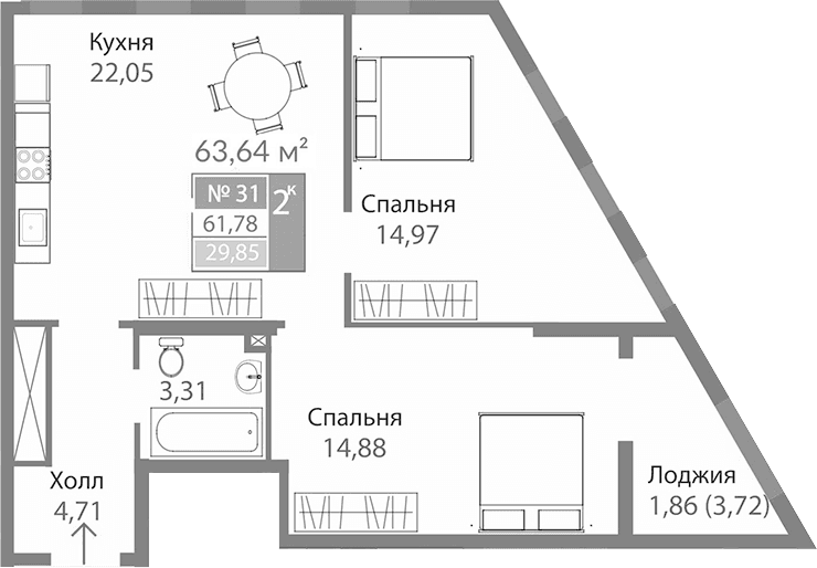 2-комн., 59.92 м²
