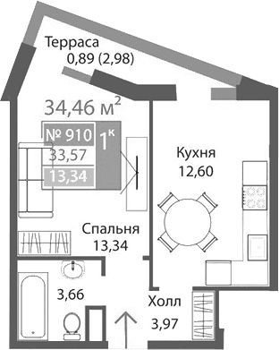 1-комн., 33.57 м²