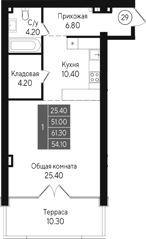 Студия, 51 м²