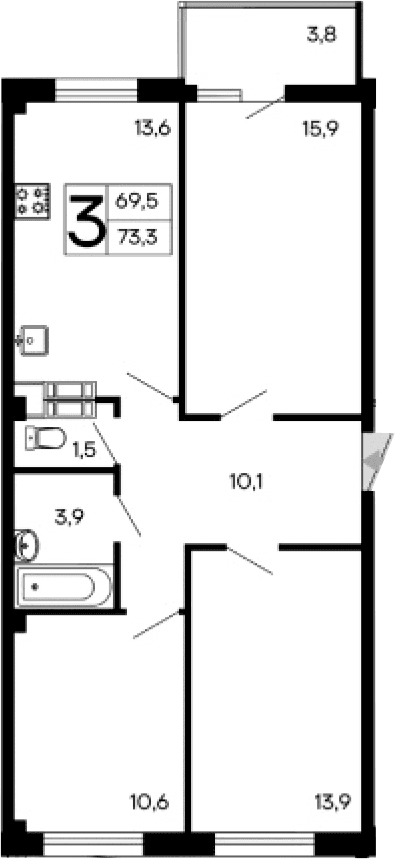 3-комн., 69.5 м²