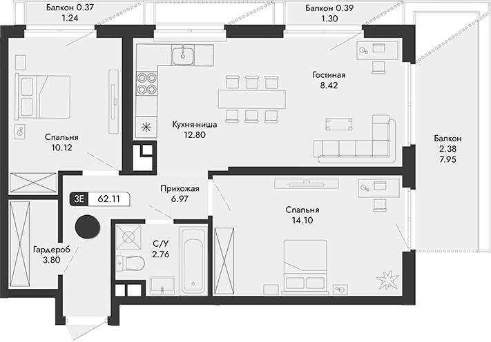 3-комн., 58.97 м²