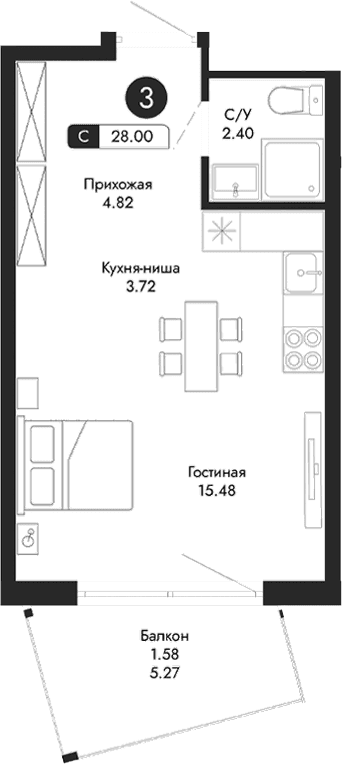 Студия, 26.42 м²