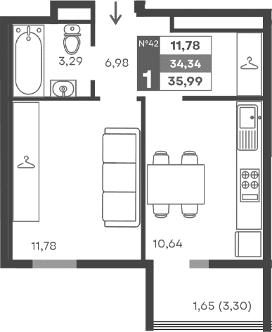 1-комн., 32.69 м²