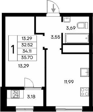 1-комн., 32.52 м²