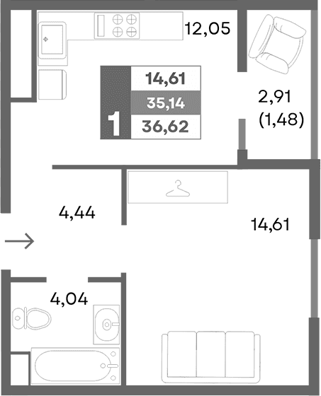 1-комн., 35.14 м²