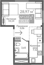 Студия, 28.97 м²