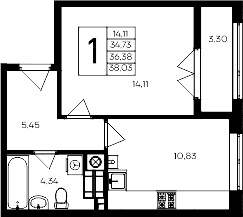 1-комн., 34.73 м²