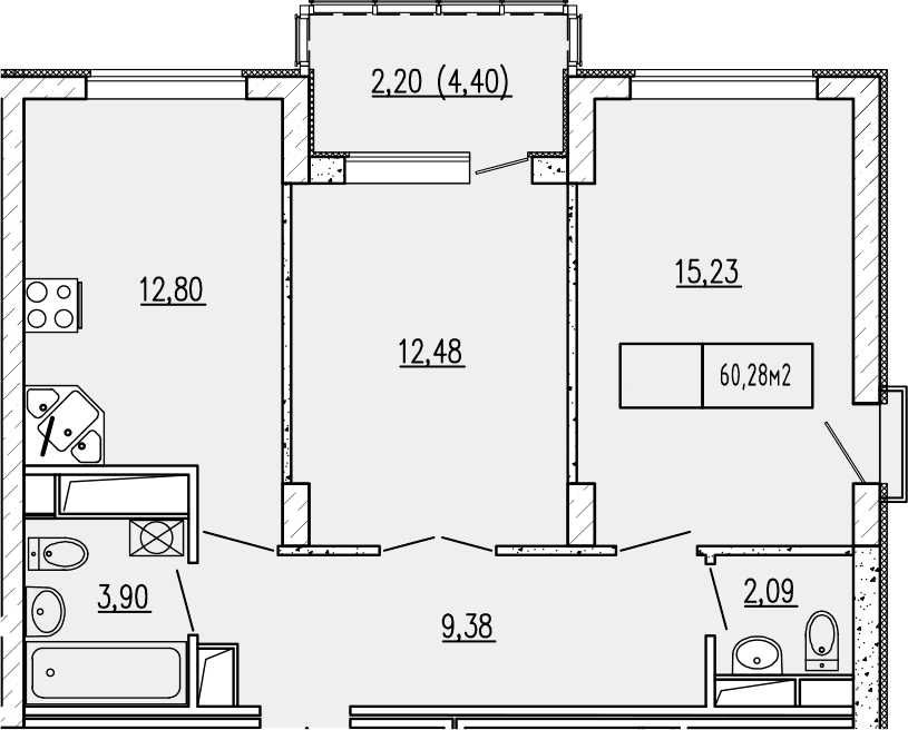 2-комн., 55.88 м²