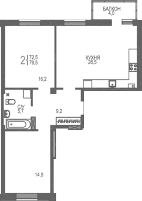 2-комн., 72.5 м²