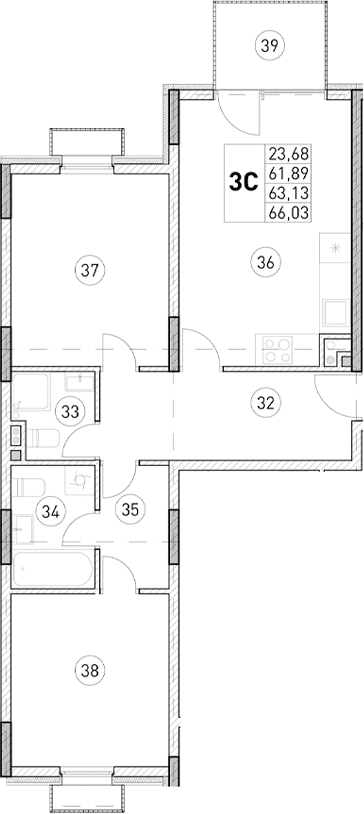 2-комн., 61.89 м²