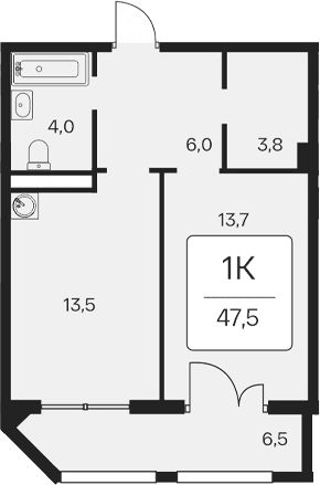 1-комн., 41 м²