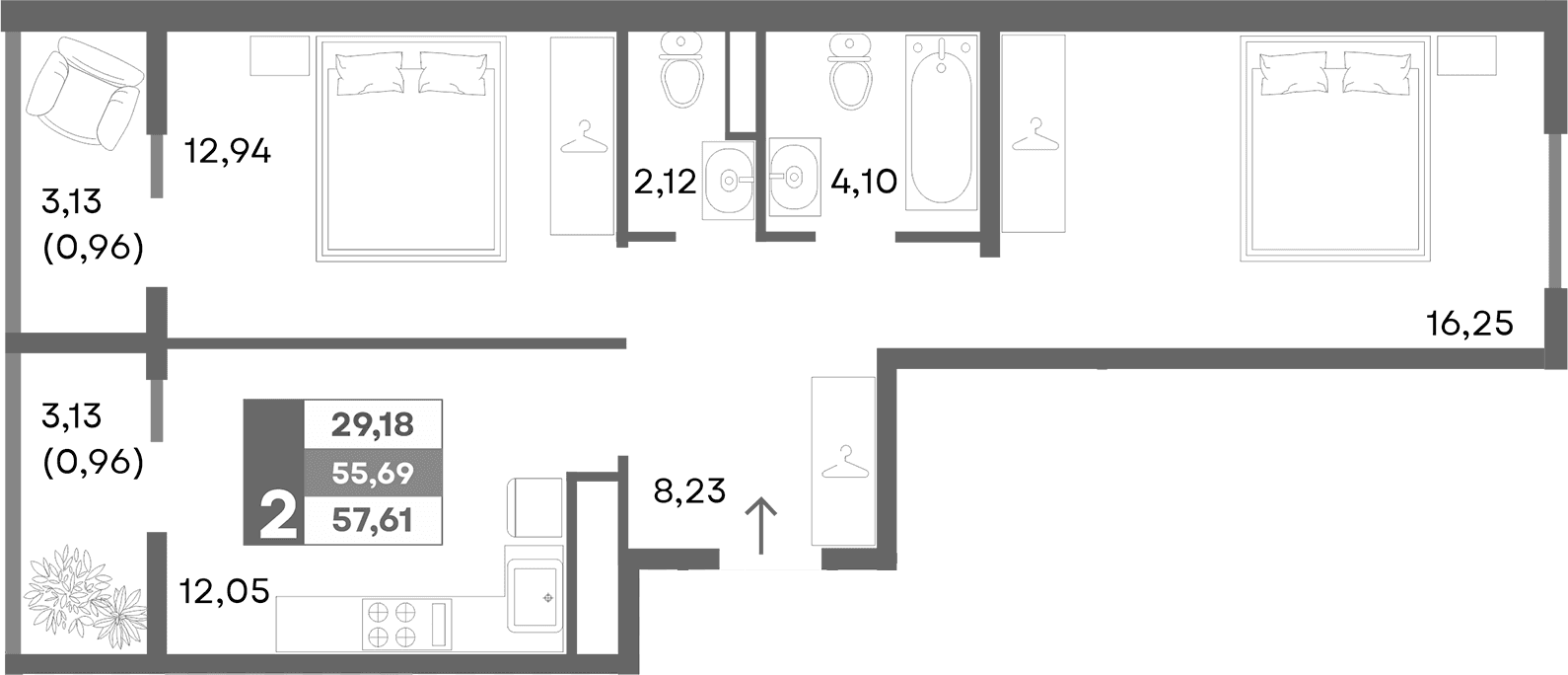 2-комн., 55.69 м²