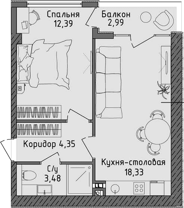 2-комн., 38.55 м²