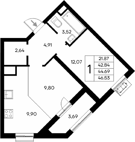 1-комн., 42.84 м²
