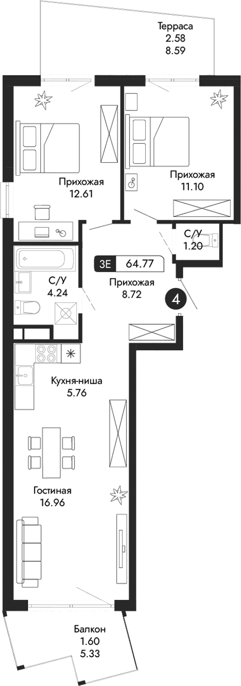 3-комн., 60.59 м²