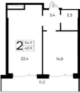 1-комн., 43.9 м²