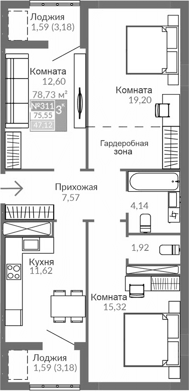 3-комн., 72.37 м²