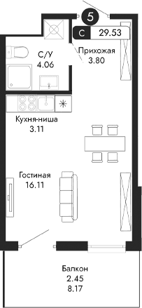 Студия, 27.08 м²
