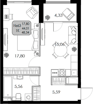 1-комн., 44.01 м²