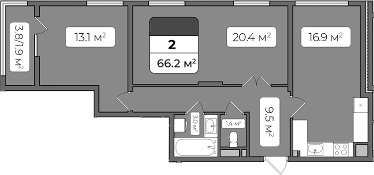 2-комн., 64.3 м²