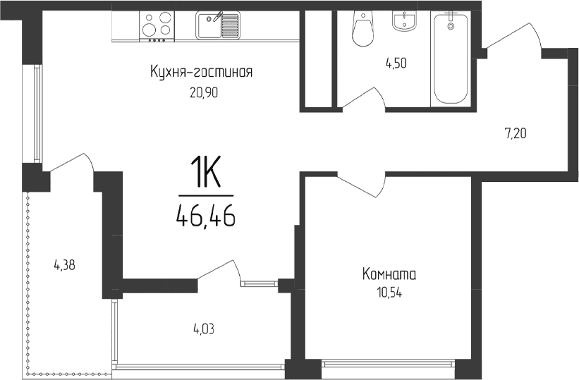 1-комн., 43.13 м²