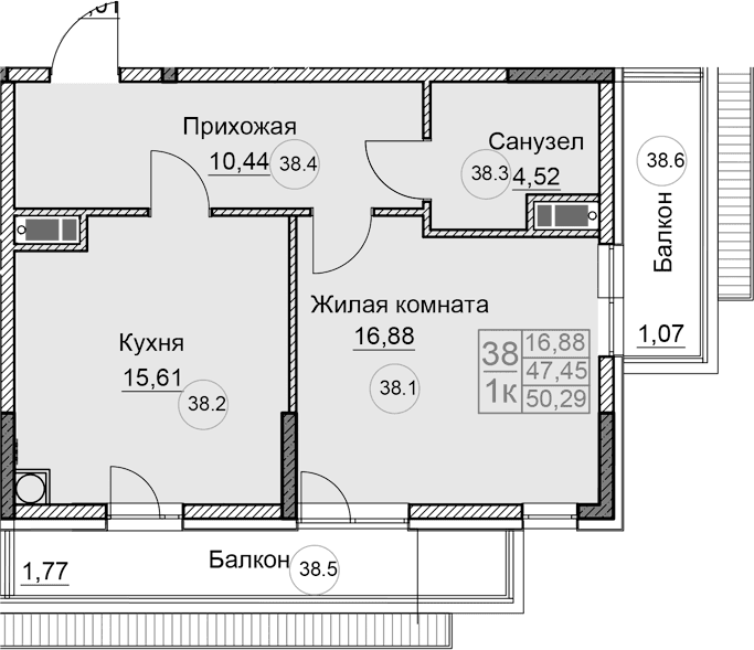 1-комн., 47.45 м²