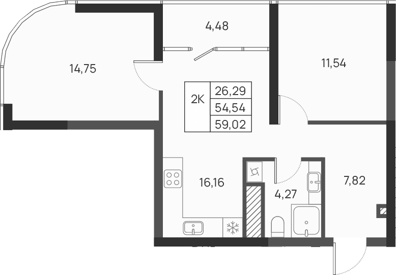 2-комн., 54.54 м²