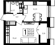 1-комн., 34.61 м²