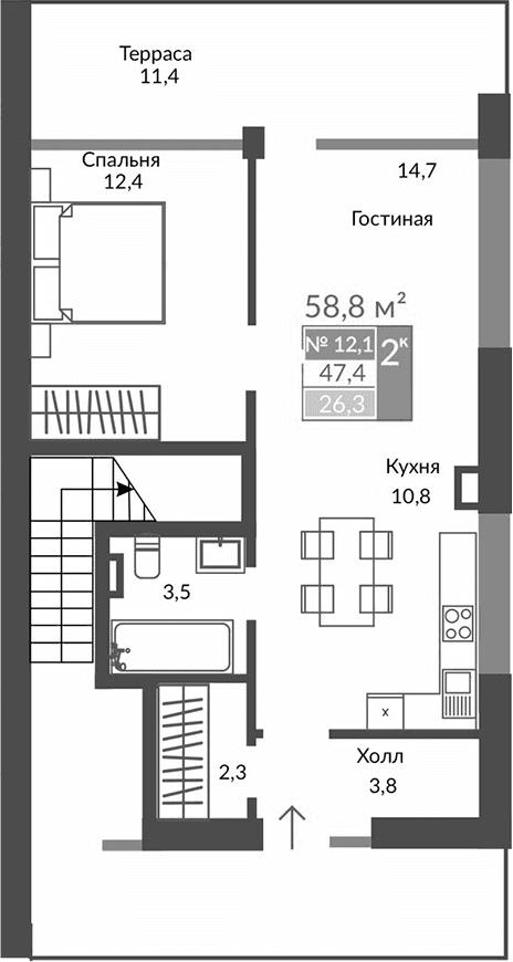 2-комн., 47 м²
