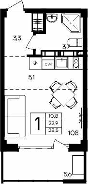 Студия, 22.9 м²