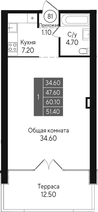 Студия, 47.6 м²