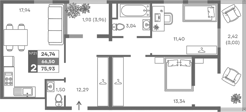 2-комн., 62.1 м²