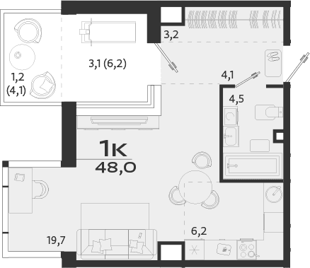 Студия, 37.7 м²