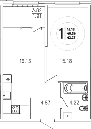 1-комн., 40.36 м²