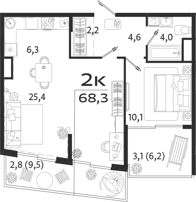 1-комн., 52.6 м²