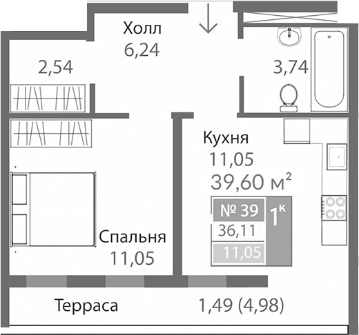 1-комн., 34.62 м²