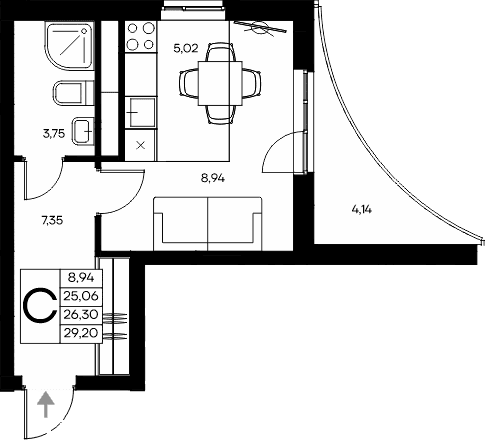 Студия, 25.06 м²