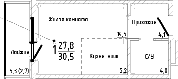 Студия, 27.8 м²
