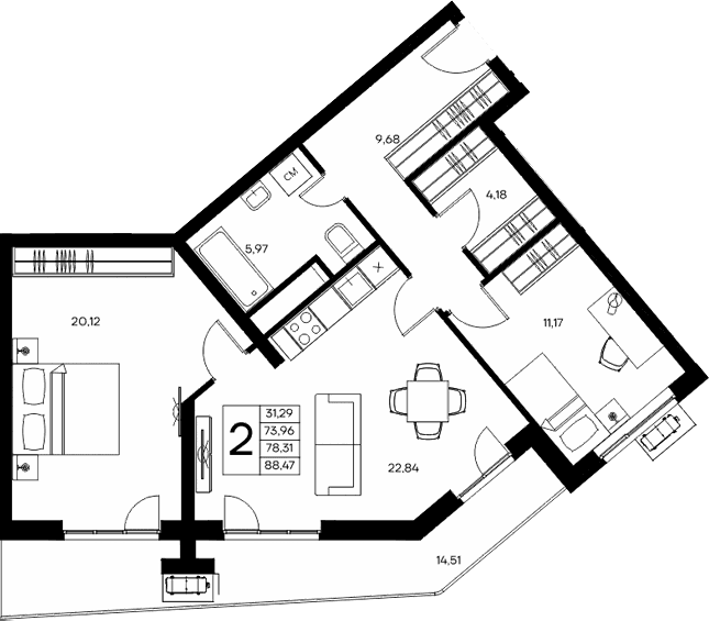 2-комн., 73.96 м²