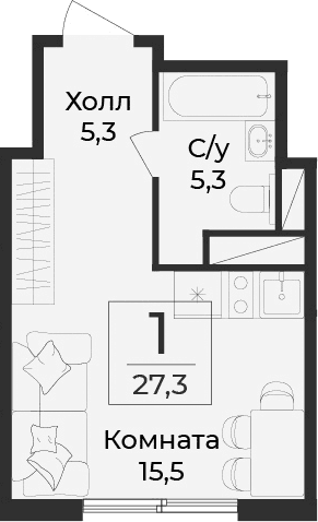 Студия, 27.3 м²