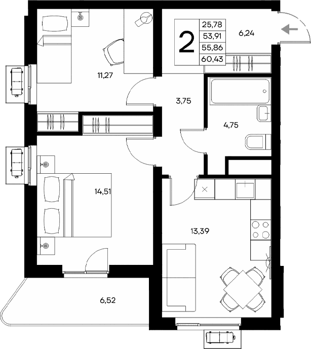 2-комн., 53.91 м²