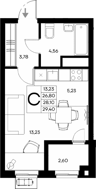 Студия, 26.8 м²