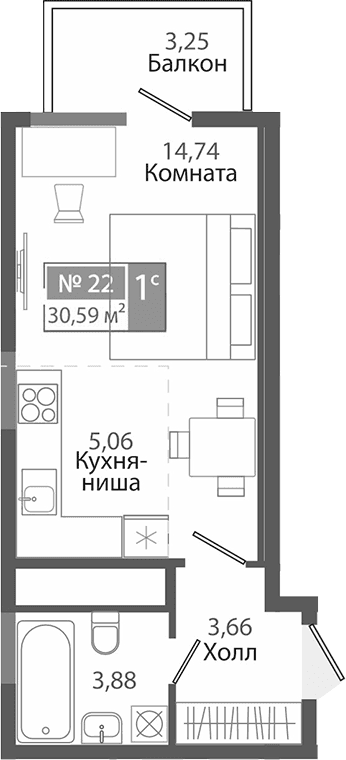 Студия, 27.34 м²