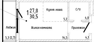 Студия, 27.8 м²
